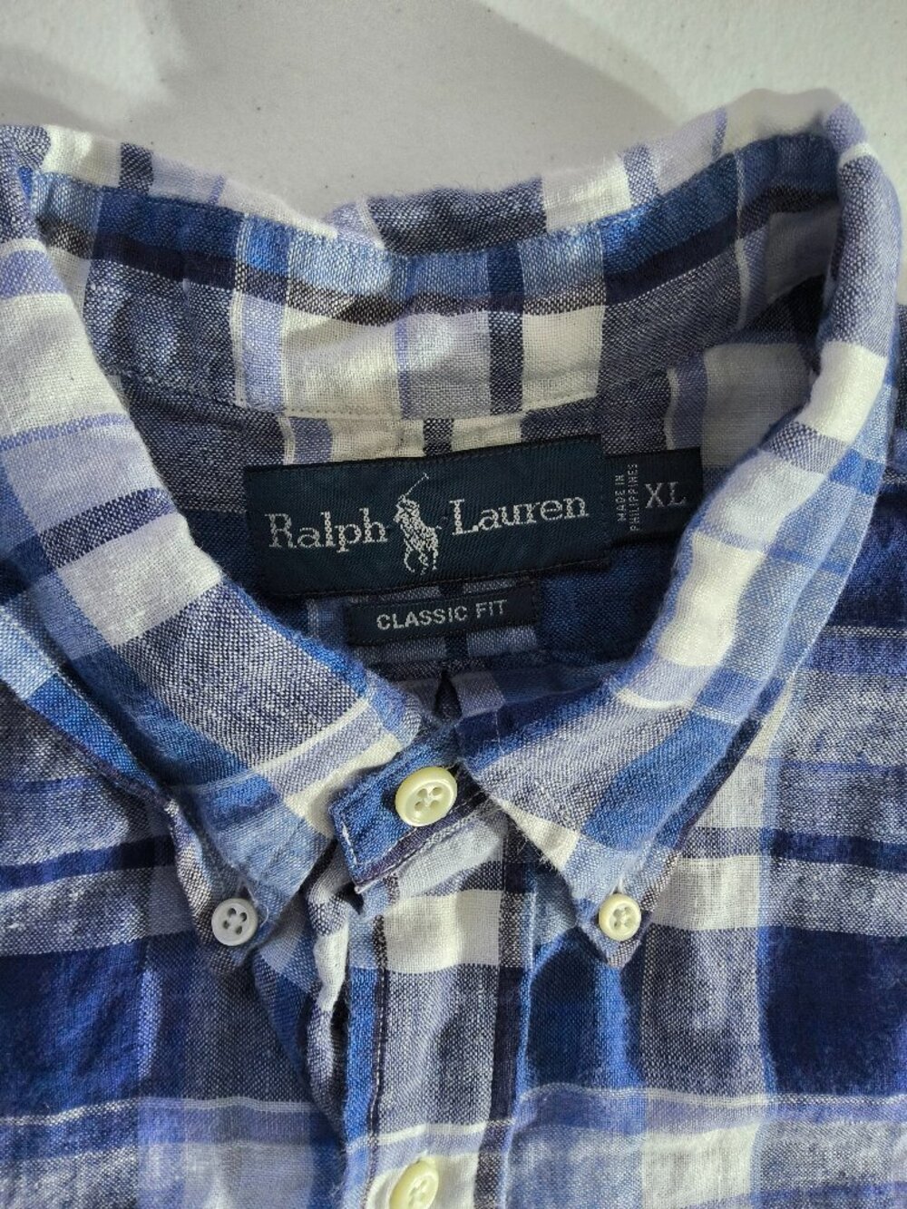 Ralph Lauren blue white linen short sleeve button shirt